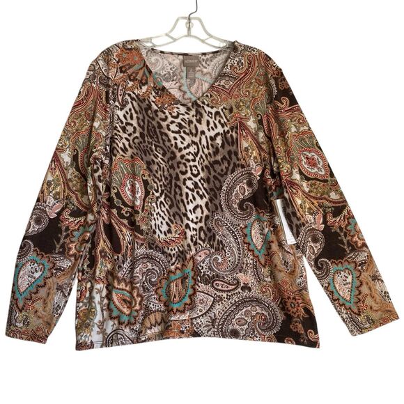 Chico's Top Knit Pullover L Paisley Animal Print V-Neck Long Sleeve Boho NWT - Picture 1 of 7